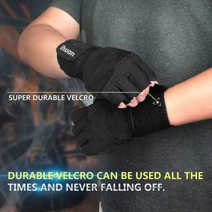 Ventilated Weight Lifting Gym Workout Gloves with Wrist Wrap Support for Men & Women, Full Palm Protection, for Weightlifting, Training, Fitness, Hanging, Pull Ups